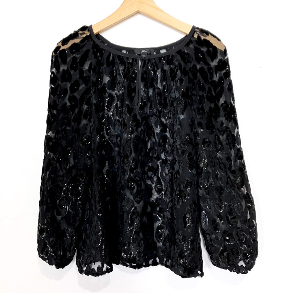 J Crew velvet burnout black leopard print blouse semi sheer loose small